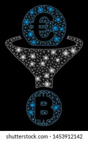 Bright mesh Euro Bitcoin conversion funnel with glow effect. Abstract illuminated model of Euro Bitcoin conversion funnel icon. Shiny wire carcass polygonal mesh Euro Bitcoin conversion funnel.