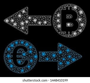 Bright mesh Euro Bitcoin exchange with glare effect. Abstract illuminated model of Euro Bitcoin exchange icon. Shiny wire frame triangular mesh Euro Bitcoin exchange.