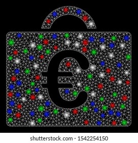 Bright mesh Euro bookkeeping case with glare effect. White wire carcass triangular mesh in vector format on a black background. Abstract 2d mesh designed with polygonal grid, round dots,