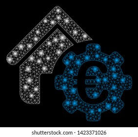 Bright mesh Euro building payment gear with glow effect. Abstract illuminated model of Euro building payment gear icon. Shiny wire frame triangular mesh Euro building payment gear.