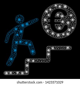 Bright mesh Euro business steps with glow effect. Abstract illuminated model of Euro business steps icon. Shiny wire frame triangular mesh Euro business steps.