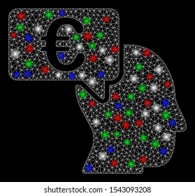 Bright mesh Euro businessman idea with glow effect. White wire frame triangular mesh in vector format on a black background. Abstract 2d mesh built from triangular lines, dots, colored flash spots.