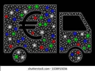 Bright mesh Euro car with glow effect. White wire frame polygonal network in vector format on a black background. Abstract 2d mesh designed with polygonal grid, dots, colorful glare spots.