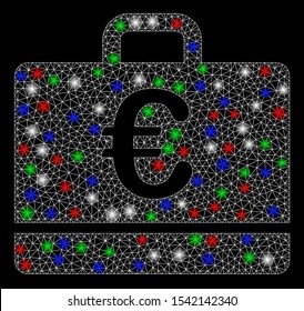 Bright mesh Euro case with lightspot effect. White wire carcass polygonal network in vector format on a black background. Abstract 2d mesh designed with polygonal grid, dots, colored light spots.