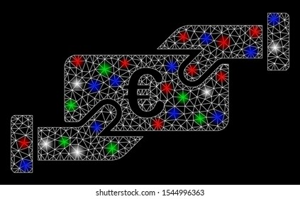 Bright mesh euro cash payment with glow effect. White wire frame triangular mesh in vector format on a black background. Abstract 2d mesh designed with triangular lines, round dots,