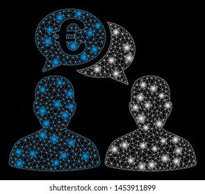 Bright mesh Euro chat with glare effect. Abstract illuminated model of Euro chat icon. Shiny wire frame polygonal mesh Euro chat. Vector abstraction on a black background.