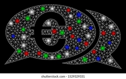 Bright mesh Euro chat with glare effect. White wire carcass triangular mesh in vector format on a black background. Abstract 2d mesh designed with polygonal grid, round dots, colored flash spots.