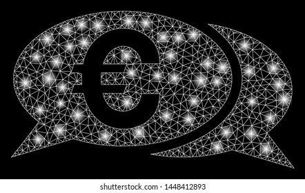 Bright mesh Euro chat with glow effect. Abstract illuminated model of Euro chat icon. Shiny wire frame polygonal mesh Euro chat. Vector abstraction on a black background.