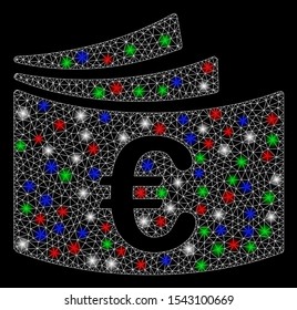 Bright mesh Euro checkbook with glare effect. White wire carcass polygonal mesh in vector format on a black background. Abstract 2d mesh created from polygonal grid, points, colored glare spots.