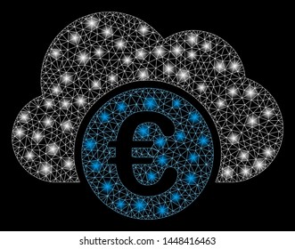 Bright mesh Euro cloud banking with glow effect. Abstract illuminated model of Euro cloud banking icon. Shiny wire carcass triangular network Euro cloud banking.
