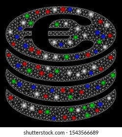 Bright mesh Euro coin column with glare effect. White wire frame triangular network in vector format on a black background. Abstract 2d mesh created from triangular lines, round dots,