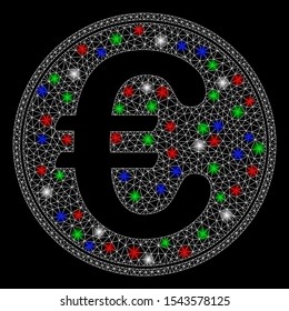 Bright mesh Euro coin with glow effect. White wire frame polygonal mesh in vector format on a black background. Abstract 2d mesh designed with triangles, small circle, colorful flare spots.
