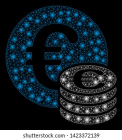 Bright mesh Euro coin stack with lightspot effect. Abstract illuminated model of Euro coin stack icon. Shiny wire carcass polygonal mesh Euro coin stack. Vector abstraction on a black background.