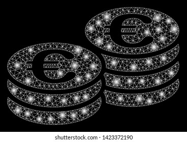 Bright mesh Euro coins with glow effect. Abstract illuminated model of Euro coins icon. Shiny wire carcass triangular mesh Euro coins. Vector abstraction on a black background.