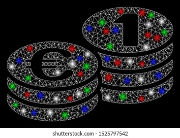 Bright mesh Euro coins with glow effect. White wire frame triangular mesh in vector format on a black background. Abstract 2d mesh designed with triangular lines, small circle, colorful glare spots.