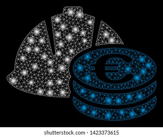 Bright mesh Euro coins and helmet with glare effect. Abstract illuminated model of Euro coins and helmet icon. Shiny wire carcass polygonal mesh Euro coins and helmet.