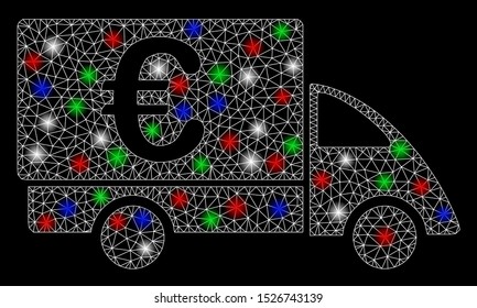 Bright mesh Euro collector car with lightspot effect. White wire frame triangular network in vector format on a black background. Abstract 2d mesh designed with triangular lines, spheric points,