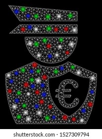Bright mesh Euro commissioner with glare effect. White wire carcass triangular mesh in vector format on a black background. Abstract 2d mesh designed with triangular lines, dots, colorful light spots.