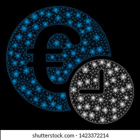 Bright mesh Euro credit with glow effect. Abstract illuminated model of Euro credit icon. Shiny wire frame polygonal mesh Euro credit. Vector abstraction on a black background.