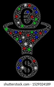 Bright mesh Euro currency conversion funnel with glare effect. White wire frame triangular mesh in vector format on a black background. Abstract 2d mesh designed with triangles, round dots,