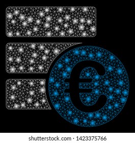 Bright mesh Euro database with glare effect. Abstract illuminated model of Euro database icon. Shiny wire carcass polygonal mesh Euro database. Vector abstraction on a black background.