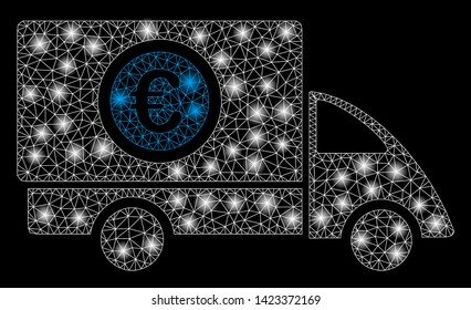 Bright mesh Euro delivery with lightspot effect. Abstract illuminated model of Euro delivery icon. Shiny wire carcass triangular mesh Euro delivery. Vector abstraction on a black background.