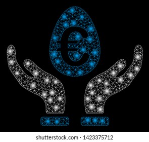 Bright mesh Euro deposit care with glare effect. Abstract illuminated model of Euro deposit care icon. Shiny wire frame triangular mesh Euro deposit care. Vector abstraction on a black background.