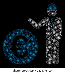 Bright mesh Euro developer with glare effect. Abstract illuminated model of Euro developer icon. Shiny wire carcass triangular mesh Euro developer. Vector abstraction on a black background.