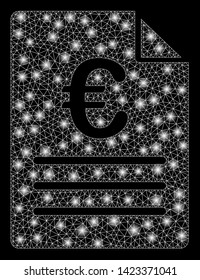 Bright mesh Euro document with glare effect. Abstract illuminated model of Euro document icon. Shiny wire carcass triangular mesh Euro document. Vector abstraction on a black background.