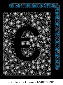 Bright mesh Euro document with glare effect. Abstract illuminated model of Euro document icon. Shiny wire frame polygonal mesh Euro document. Vector abstraction on a black background.