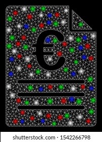Bright mesh Euro document with glare effect. White wire frame triangular mesh in vector format on a black background. Abstract 2d mesh designed with triangular lines, spheric points,