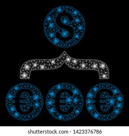 Bright mesh Euro Dollar conversion aggregator with lightspot effect. Abstract illuminated model of Euro Dollar conversion aggregator icon.