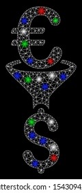 Bright mesh Euro Dollar conversion filter with lightspot effect. White wire frame polygonal mesh in vector format on a black background. Abstract 2d mesh designed with polygonal grid, spheric points,