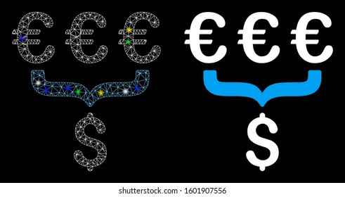 Bright mesh Euro Dollar conversion aggregator icon with sparkle effect. Abstract illuminated model of Euro Dollar conversion aggregator.