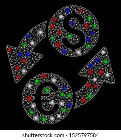 Bright mesh Euro Dollar exchange with glare effect. White wire frame triangular mesh in vector format on a black background. Abstract 2d mesh designed with triangles, small circle,