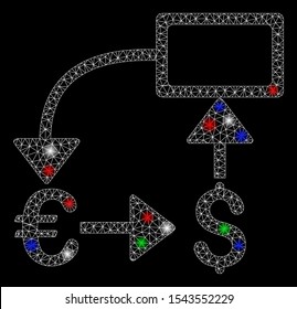 Bright mesh Euro Dollar flow chart with glow effect. White wire frame polygonal network in vector format on a black background. Abstract 2d mesh designed with polygonal grid, dots,