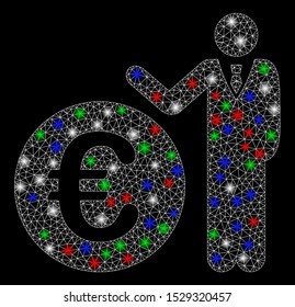 Bright mesh Euro economist with glare effect. White wire frame triangular mesh in vector format on a black background. Abstract 2d mesh designed with triangles, dots, colored glare spots.