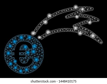 Bright mesh Euro falling meteor with glow effect. Abstract illuminated model of Euro falling meteor icon. Shiny wire frame polygonal mesh Euro falling meteor. Vector abstraction on a black background.