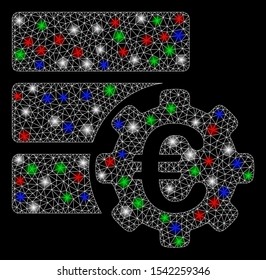 Bright mesh Euro financial database options with lightspot effect. White wire carcass polygonal mesh in vector format on a black background. Abstract 2d mesh designed with polygonal grid,