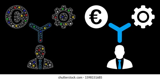 Bright mesh Euro financial development icon with glare effect. Abstract illuminated model of Euro financial development. Shiny wire carcass triangular mesh Euro financial development icon.