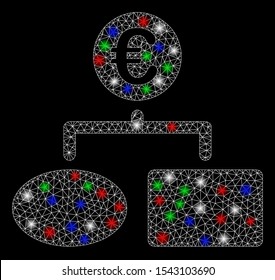 Bright mesh Euro flow chart with glare effect. White wire carcass polygonal mesh in vector format on a black background. Abstract 2d mesh created from polygonal grid, dots, colored glare spots.