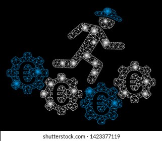 Bright mesh Euro gears runner with glare effect. Abstract illuminated model of Euro gears runner icon. Shiny wire frame polygonal mesh Euro gears runner. Vector abstraction on a black background.