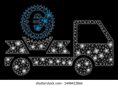 Bright mesh Euro gift delivery with glow effect. Abstract illuminated model of Euro gift delivery icon. Shiny wire frame triangular mesh Euro gift delivery. Vector abstraction on a black background.