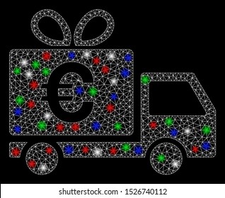 Bright mesh Euro gift delivery with glow effect. White wire frame triangular mesh in vector format on a black background. Abstract 2d mesh designed with triangular lines, round dots,