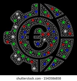 Bright mesh Euro global industry with glow effect. White wire carcass polygonal mesh in vector format on a black background. Abstract 2d mesh designed with polygonal grid, points, colored flare spots.