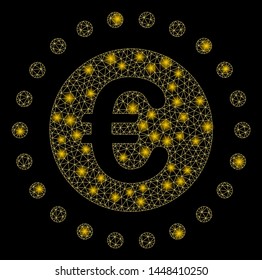 Bright mesh Euro gold coin with glare effect. Abstract illuminated model of Euro gold coin icon. Shiny wire frame polygonal network Euro gold coin. Vector abstraction on a black background.