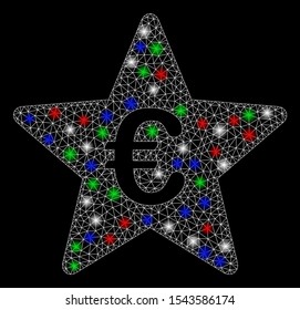Bright mesh Euro hit parade star with glare effect. White wire carcass polygonal mesh in vector format on a black background. Abstract 2d mesh designed with triangular lines, spheric points,