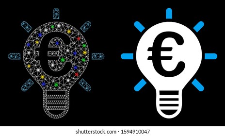 Bright mesh Euro innovation icon with glare effect. Abstract illuminated model of Euro innovation. Shiny wire carcass triangular network Euro innovation icon. Vector abstraction on a black background.
