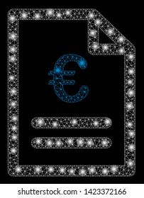 Bright mesh Euro invoice with glow effect. Abstract illuminated model of Euro invoice icon. Shiny wire carcass polygonal mesh Euro invoice. Vector abstraction on a black background.