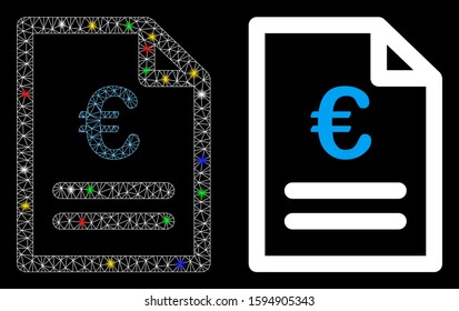 Bright mesh Euro invoice icon with glow effect. Abstract illuminated model of Euro invoice. Shiny wire carcass triangular mesh Euro invoice icon. Vector abstraction on a black background.